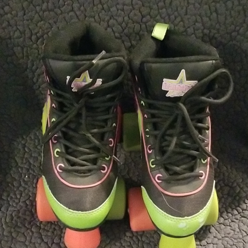 Kandy Roller Skates Black, Neon Pink And Neon Green Boot And Wheels Girls 13Y